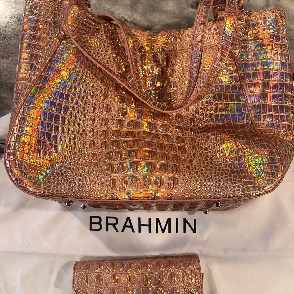 Brahmin Rose Golf Metallic Croc-Embossed Tote and wallet Set - Picture 5 of 8